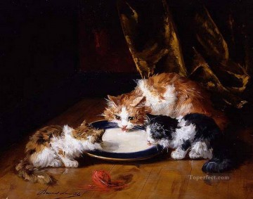 gatos Pintura - Alfred Brunel de Neuville tres gatos chupando leche